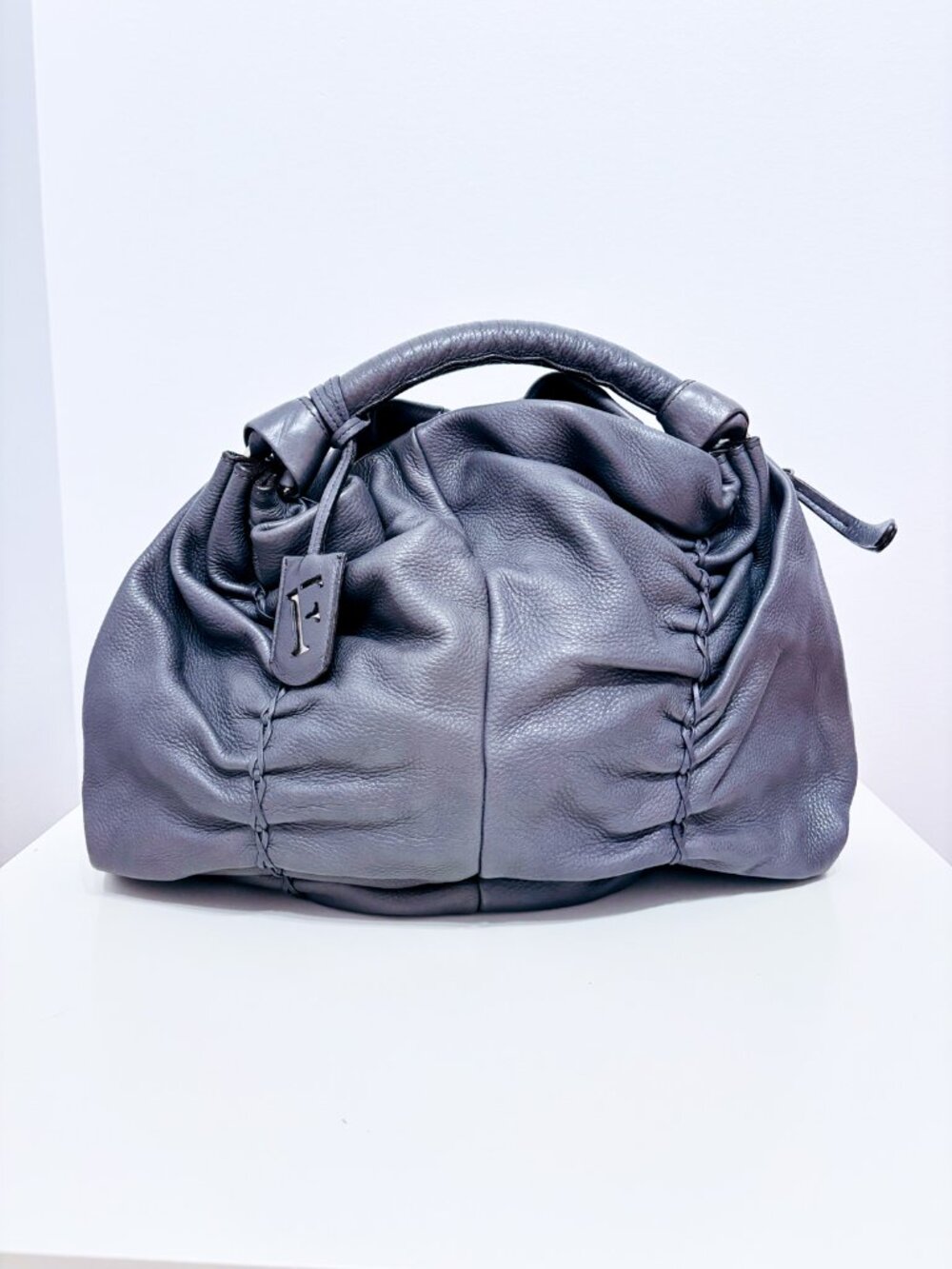 FURLA Grey Leather Ruched Slouchy Satchel Handbag Braided Detail